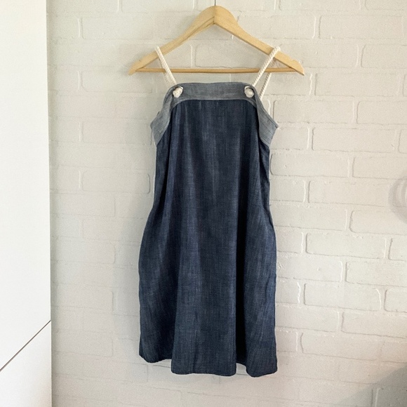Anthropologie Amadi Mini dress Denim Blue Cream Rope-Strap Pockets Sz XS - Picture 2 of 12